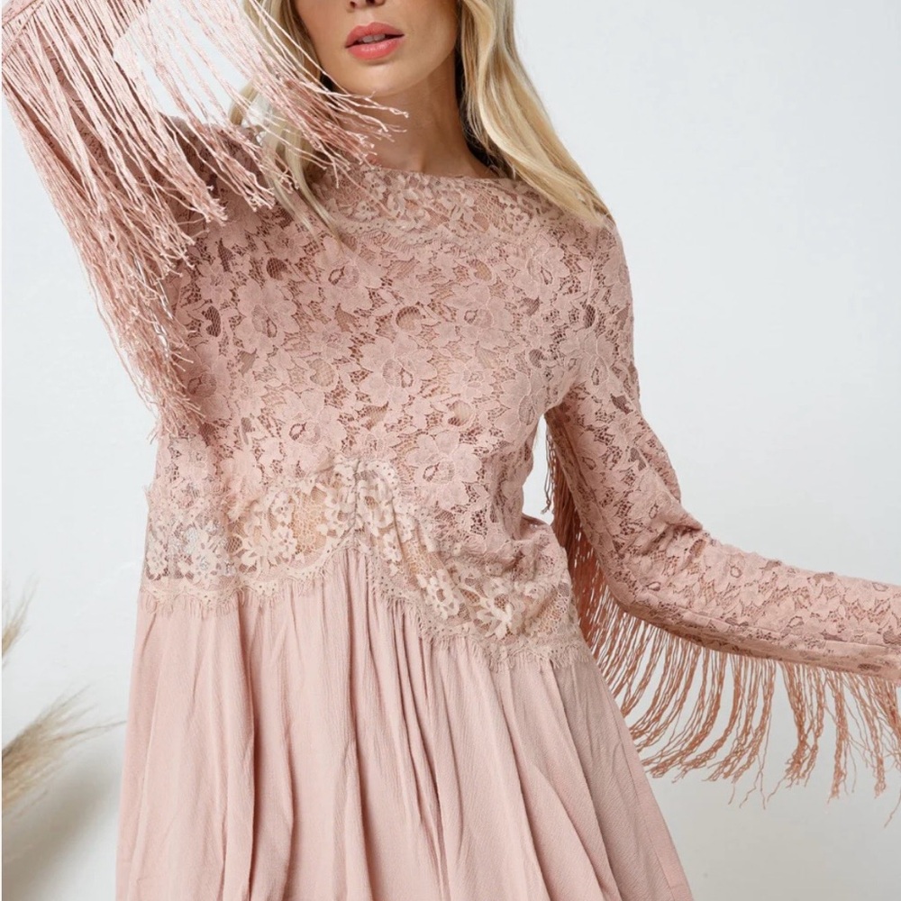 Western Lace Fringe Long Sleeve Dress in Blush